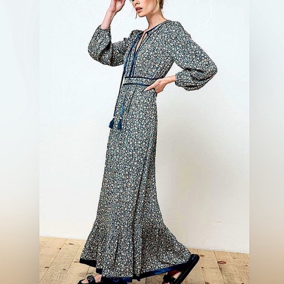 Boho Floral Maxi Dress | Teal Emerald Long Sleeve Ruffle Hem Tassel Dress - Picture 2 of 5